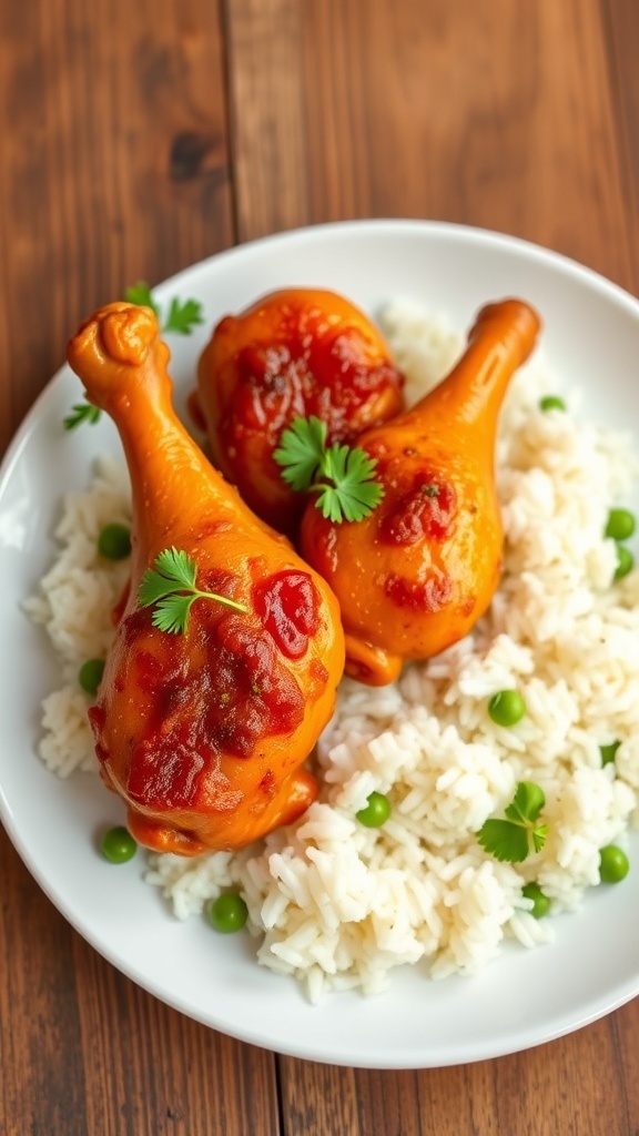 Spicy Chicken Drumsticks with Rice Recipe Spicy chicken drumsticks on rice garnished with parsley on a rustic wooden table.